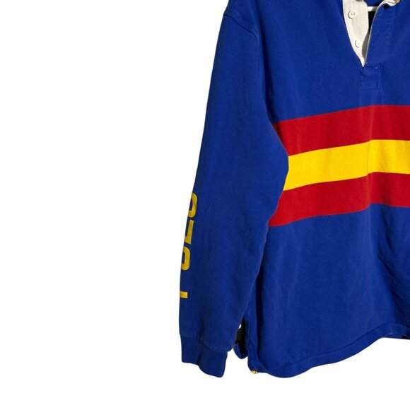Ralph Lauren Polo Country Rugby Shirt L/S Blue Yellow Red Stripes Terrain Logo - Picture 5 of 7